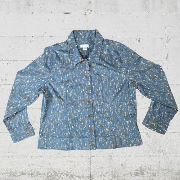 Y2K Christopher and Banks Teal Watercolor Twill Stretch Button Up Jacket Size XL - Picture 1 of 7